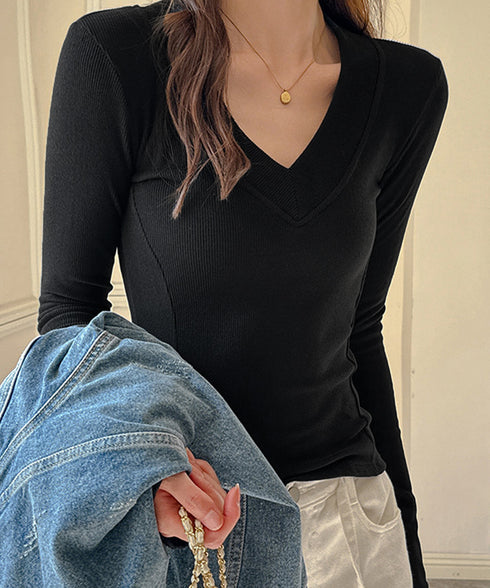 Vネック 長袖Tシャツ 韓国風カットソー レディーストップス 無地 セクシー シンプル スリムフィット 伸縮性 着やせ オフィスカジュアル 大人可愛い きれいめ 99BMFS-002