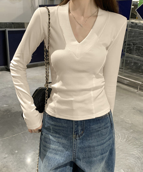 Vネック 長袖Tシャツ 韓国風カットソー レディーストップス 無地 セクシー シンプル スリムフィット 伸縮性 着やせ オフィスカジュアル 大人可愛い きれいめ 99BMFS-002