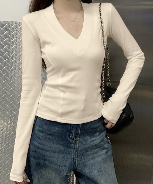 Vネック 長袖Tシャツ 韓国風カットソー レディーストップス 無地 セクシー シンプル スリムフィット 伸縮性 着やせ オフィスカジュアル 大人可愛い きれいめ 99BMFS-002