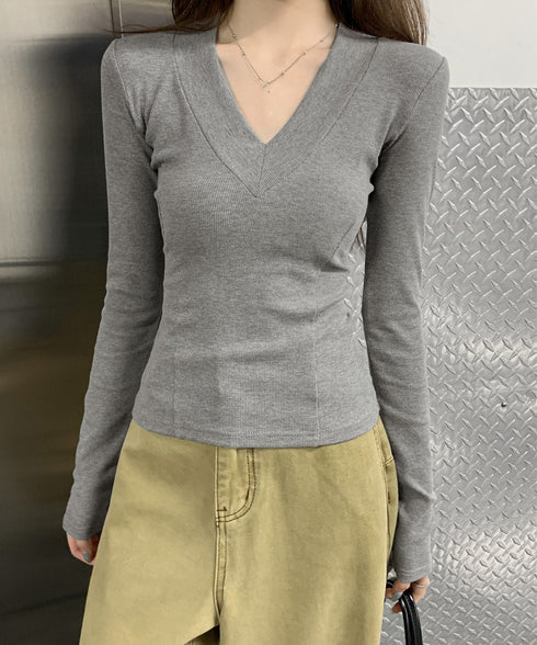 Vネック 長袖Tシャツ 韓国風カットソー レディーストップス 無地 セクシー シンプル スリムフィット 伸縮性 着やせ オフィスカジュアル 大人可愛い きれいめ 99BMFS-002