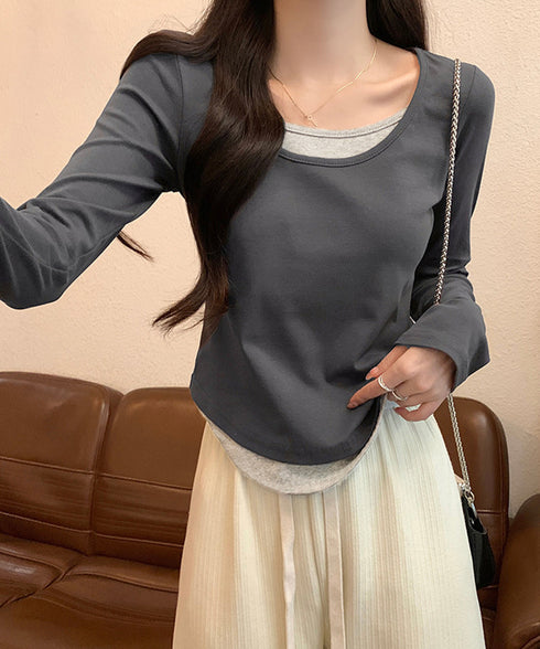長袖Tシャツ フェイクレイヤード 着やせ レディース Uネック プルオーバー 細身 無地 セクシー 細見え カジュアル着やせ 大人 おしゃれ フィット フェミニン 99BMFS-003