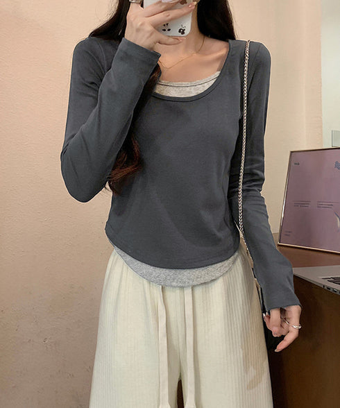 長袖Tシャツ フェイクレイヤード 着やせ レディース Uネック プルオーバー 細身 無地 セクシー 細見え カジュアル着やせ 大人 おしゃれ フィット フェミニン 99BMFS-003
