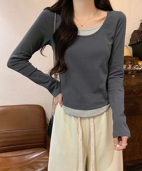 長袖Tシャツ フェイクレイヤード 着やせ レディース Uネック プルオーバー 細身 無地 セクシー 細見え カジュアル着やせ 大人 おしゃれ フィット フェミニン 99BMFS-003