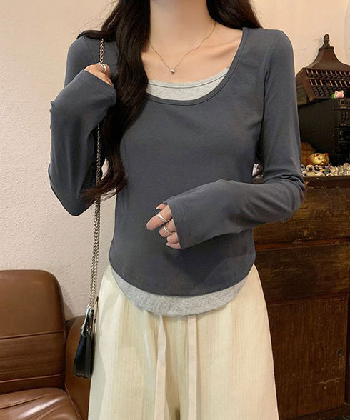長袖Tシャツ フェイクレイヤード 着やせ レディース Uネック プルオーバー 細身 無地 セクシー 細見え カジュアル着やせ 大人 おしゃれ フィット フェミニン 99BMFS-003