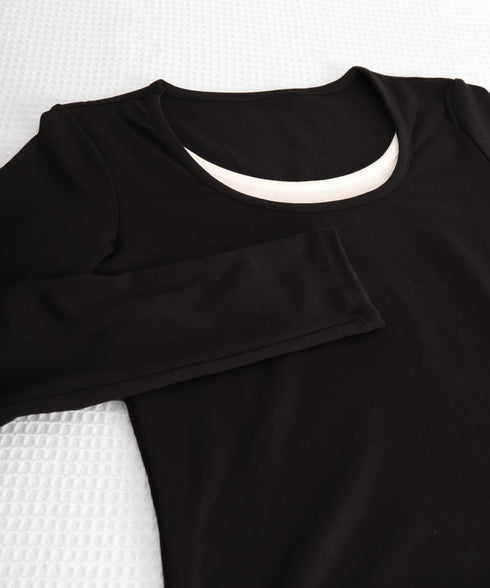 長袖Tシャツ フェイクレイヤード 着やせ レディース Uネック プルオーバー 細身 無地 セクシー 細見え カジュアル着やせ 大人 おしゃれ フィット フェミニン 99BMFS-003