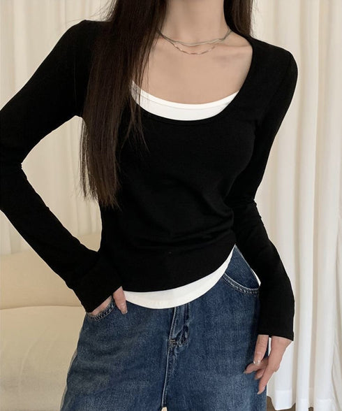 長袖Tシャツ フェイクレイヤード 着やせ レディース Uネック プルオーバー 細身 無地 セクシー 細見え カジュアル着やせ 大人 おしゃれ フィット フェミニン 99BMFS-003