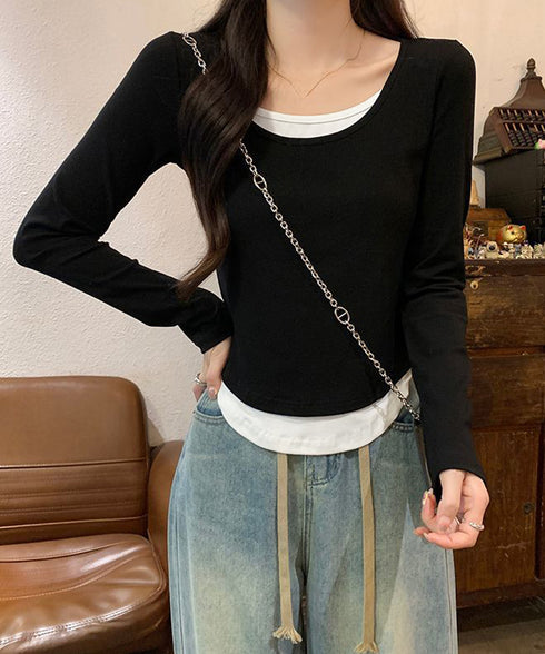 長袖Tシャツ フェイクレイヤード 着やせ レディース Uネック プルオーバー 細身 無地 セクシー 細見え カジュアル着やせ 大人 おしゃれ フィット フェミニン 99BMFS-003