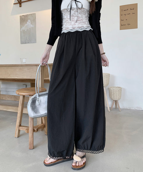 バルーンパンツ ワイドパンツ レース レディース 九分丈パンツ 体型カバー 薄手 ハイウエスト ウエストゴム ゆったり 着やせ 美脚 リラックス カジュアル 99CYDZ-004