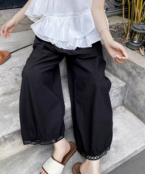 バルーンパンツ ワイドパンツ レース レディース 九分丈パンツ 体型カバー 薄手 ハイウエスト ウエストゴム ゆったり 着やせ 美脚 リラックス カジュアル 99CYDZ-004
