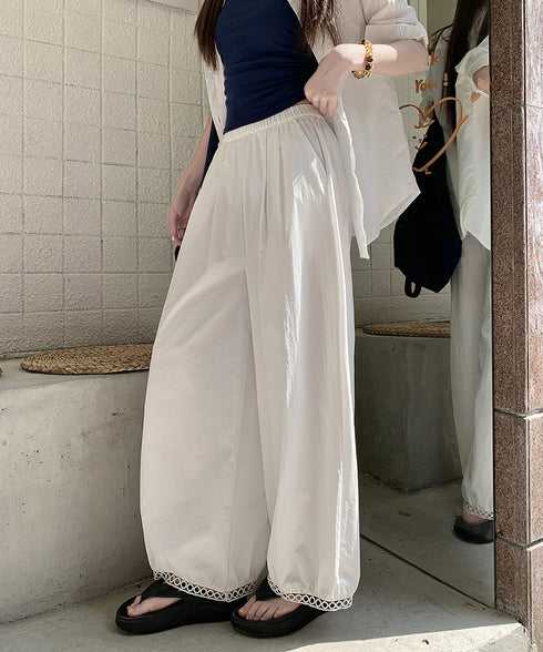 バルーンパンツ ワイドパンツ レース レディース 九分丈パンツ 体型カバー 薄手 ハイウエスト ウエストゴム ゆったり 着やせ 美脚 リラックス カジュアル 99CYDZ-004