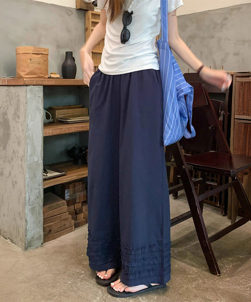 ワイドパンツ フリル レディース 春夏 アンクル丈パンツ ゆったり 薄手 ギャザー ウエストゴム リラックス 着やせ オシャレ カジュアル きれいめ 大人可愛い 99CYDZ-005