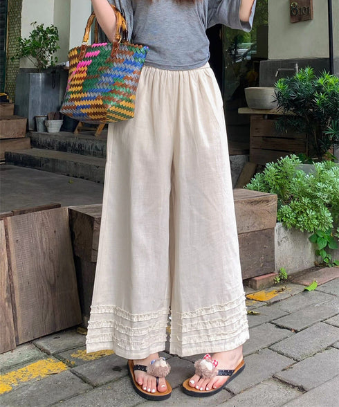 ワイドパンツ フリル レディース 春夏 アンクル丈パンツ ゆったり 薄手 ギャザー ウエストゴム リラックス 着やせ オシャレ カジュアル きれいめ 大人可愛い 99CYDZ-005