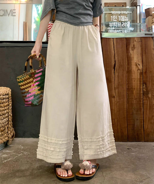 ワイドパンツ フリル レディース 春夏 アンクル丈パンツ ゆったり 薄手 ギャザー ウエストゴム リラックス 着やせ オシャレ カジュアル きれいめ 大人可愛い 99CYDZ-005