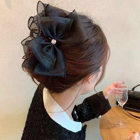 リボンヘアクリップ 大きめ黒 レディース バンスクリップ 韓国 ラインストーン 可愛い まとめ髪 簡単 髪飾り 髪留め ヘアアレンジ 大人 演奏会 99DXSP-001