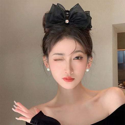 リボンヘアクリップ 大きめ黒 レディース バンスクリップ 韓国 ラインストーン 可愛い まとめ髪 簡単 髪飾り 髪留め ヘアアレンジ 大人 演奏会 99DXSP-001