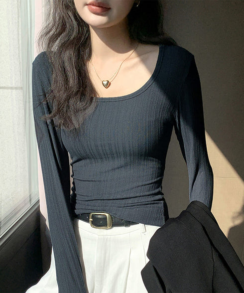 長袖Tシャツ レディース スクエアネック 細身Tシャツ インナートップス セクシー 細見え オルチャン 着やせ 大人 おしゃれ フィット フェミニン 99EZFZ-002
