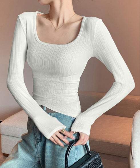長袖Tシャツ レディース スクエアネック 細身Tシャツ インナートップス セクシー 細見え オルチャン 着やせ 大人 おしゃれ フィット フェミニン 99EZFZ-002