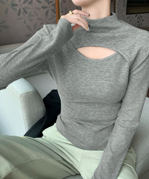 長袖Tシャツ 穴あき ハイネック 春秋冬 レディース タイトトップス シンプル カットソー プルオーバー 無地 おしゃれ セクシー インナー 大人可愛い 細見え 99EZFZ-006