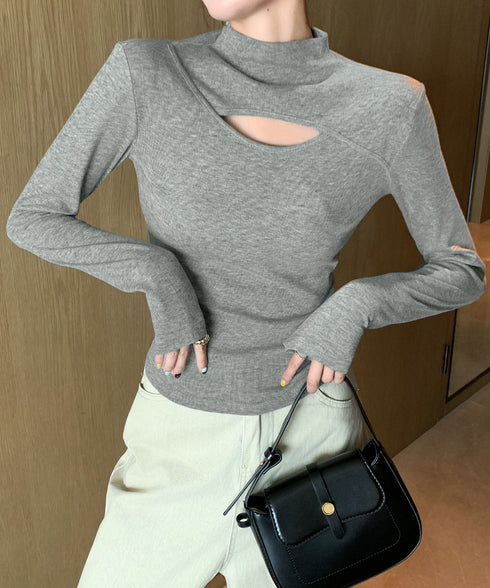 長袖Tシャツ 穴あき ハイネック 春秋冬 レディース タイトトップス シンプル カットソー プルオーバー 無地 おしゃれ セクシー インナー 大人可愛い 細見え 99EZFZ-006