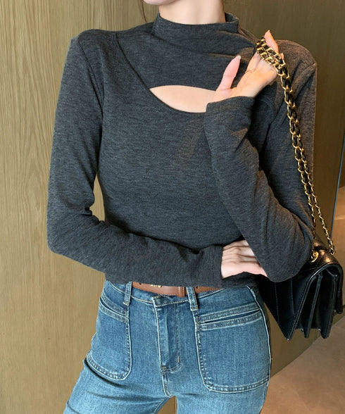 長袖Tシャツ 穴あき ハイネック 春秋冬 レディース タイトトップス シンプル カットソー プルオーバー 無地 おしゃれ セクシー インナー 大人可愛い 細見え 99EZFZ-006