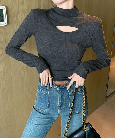 長袖Tシャツ 穴あき ハイネック 春秋冬 レディース タイトトップス シンプル カットソー プルオーバー 無地 おしゃれ セクシー インナー 大人可愛い 細見え 99EZFZ-006