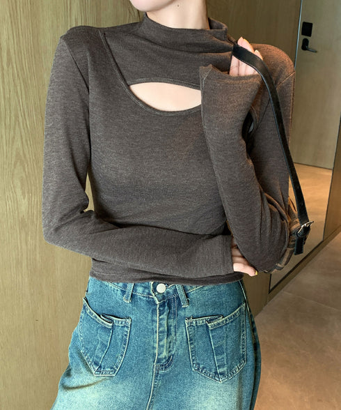 長袖Tシャツ 穴あき ハイネック 春秋冬 レディース タイトトップス シンプル カットソー プルオーバー 無地 おしゃれ セクシー インナー 大人可愛い 細見え 99EZFZ-006