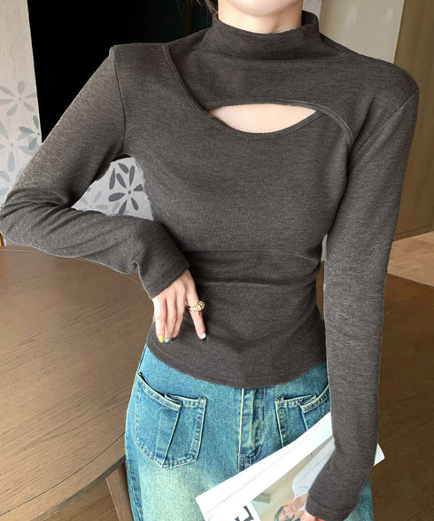 長袖Tシャツ 穴あき ハイネック 春秋冬 レディース タイトトップス シンプル カットソー プルオーバー 無地 おしゃれ セクシー インナー 大人可愛い 細見え 99EZFZ-006