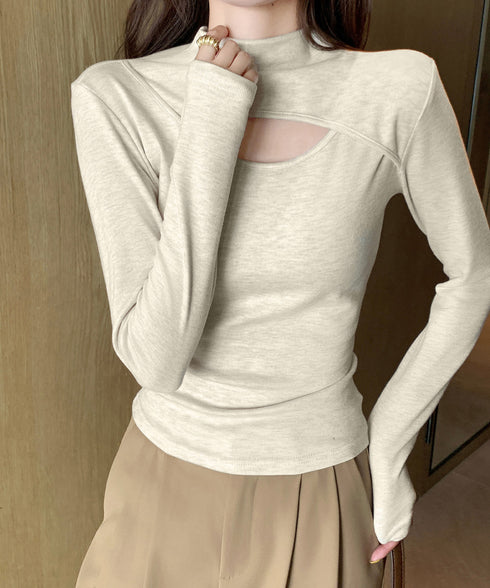 長袖Tシャツ 穴あき ハイネック 春秋冬 レディース タイトトップス シンプル カットソー プルオーバー 無地 おしゃれ セクシー インナー 大人可愛い 細見え 99EZFZ-006