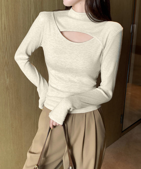 長袖Tシャツ 穴あき ハイネック 春秋冬 レディース タイトトップス シンプル カットソー プルオーバー 無地 おしゃれ セクシー インナー 大人可愛い 細見え 99EZFZ-006