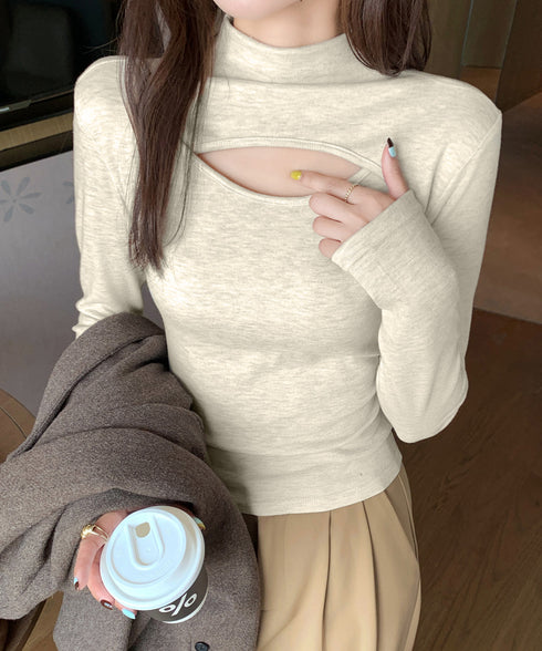 長袖Tシャツ 穴あき ハイネック 春秋冬 レディース タイトトップス シンプル カットソー プルオーバー 無地 おしゃれ セクシー インナー 大人可愛い 細見え 99EZFZ-006