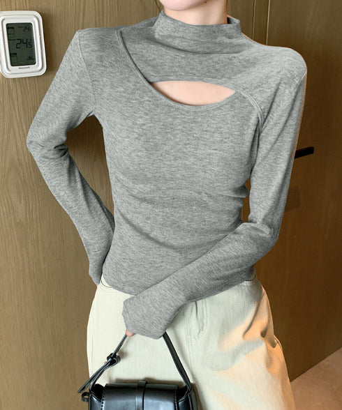 長袖Tシャツ 穴あき ハイネック 春秋冬 レディース タイトトップス シンプル カットソー プルオーバー 無地 おしゃれ セクシー インナー 大人可愛い 細見え 99EZFZ-006