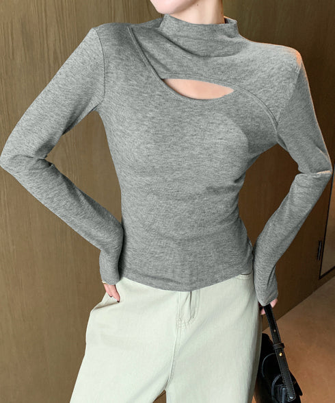 長袖Tシャツ 穴あき ハイネック 春秋冬 レディース タイトトップス シンプル カットソー プルオーバー 無地 おしゃれ セクシー インナー 大人可愛い 細見え 99EZFZ-006