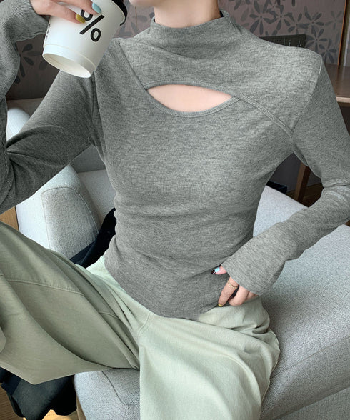 長袖Tシャツ 穴あき ハイネック 春秋冬 レディース タイトトップス シンプル カットソー プルオーバー 無地 おしゃれ セクシー インナー 大人可愛い 細見え 99EZFZ-006