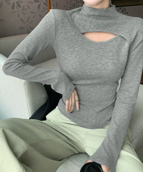 長袖Tシャツ 穴あき ハイネック 春秋冬 レディース タイトトップス シンプル カットソー プルオーバー 無地 おしゃれ セクシー インナー 大人可愛い 細見え 99EZFZ-006