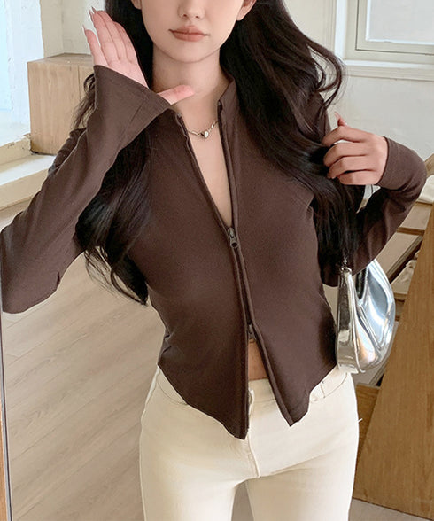 カーディガン リブトップス ダブルジップ レディース フィット感 無地 セクシー 大人 可愛い おしゃれ 着やせ オルチャン 日焼け防止 ファスナー 99EZFZ-007