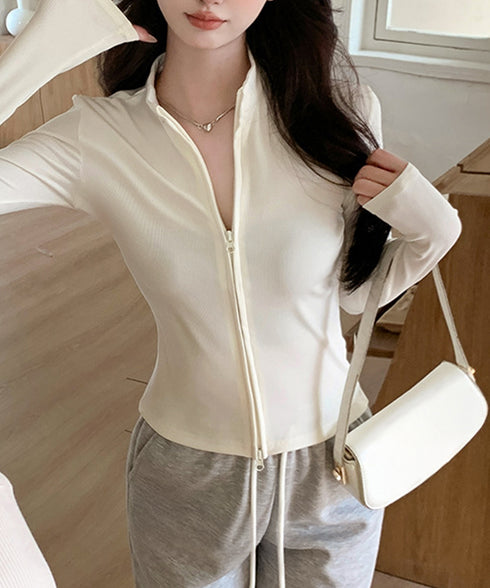 カーディガン リブトップス ダブルジップ レディース フィット感 無地 セクシー 大人 可愛い おしゃれ 着やせ オルチャン 日焼け防止 ファスナー 99EZFZ-007