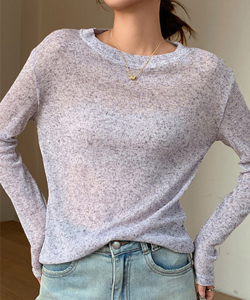 長袖Tシャツ レディース 無地 透け シアーTシャツ ロングTシャツ 薄手 クルーネック お洒落 大人 オルチャン カジュアル フェミニン 通勤 春秋 99EZFZ-008