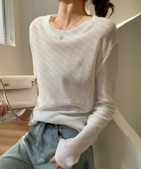 長袖Tシャツ レディース 無地 透け シアーTシャツ ロングTシャツ 薄手 クルーネック お洒落 大人 オルチャン カジュアル フェミニン 通勤 春秋 99EZFZ-008