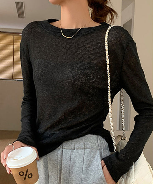 長袖Tシャツ レディース 無地 透け シアーTシャツ ロングTシャツ 薄手 クルーネック お洒落 大人 オルチャン カジュアル フェミニン 通勤 春秋 99EZFZ-008