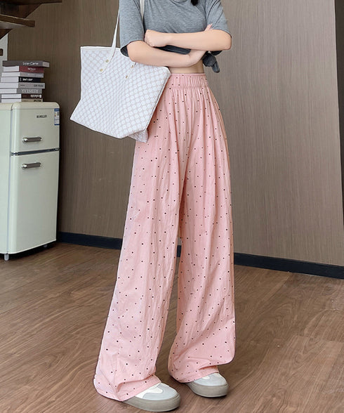 ドット柄 ワイドパンツ ハイウエスト薄手 レディースボトムス イージーパンツ リラックス 大人可愛い おしゃれ 落ち感 夏コーデ 新作 ストリート ダンス 春服 99EZFZ-009