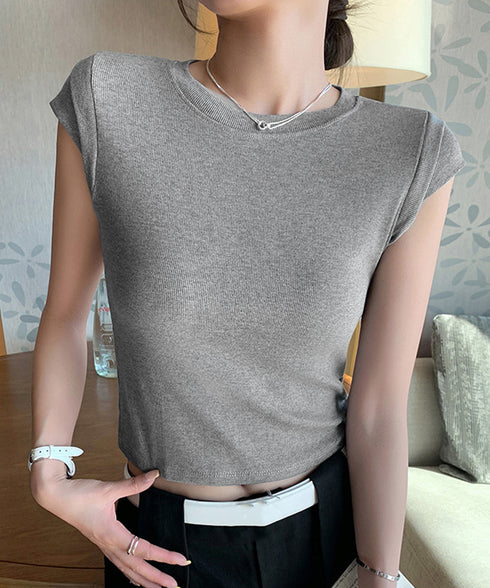 半袖Tシャツ クロップド丈 丸首 夏服 レディース ショート丈 無地トップス セクシーへそ出し 韓国風 フィット シンプル 大人可愛い カジュアル プルオーバー 99EZFZ-010