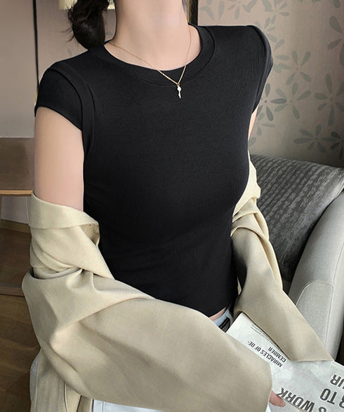 半袖Tシャツ クロップド丈 丸首 夏服 レディース ショート丈 無地トップス セクシーへそ出し 韓国風 フィット シンプル 大人可愛い カジュアル プルオーバー 99EZFZ-010