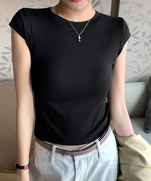 半袖Tシャツ クロップド丈 丸首 夏服 レディース ショート丈 無地トップス セクシーへそ出し 韓国風 フィット シンプル 大人可愛い カジュアル プルオーバー 99EZFZ-010
