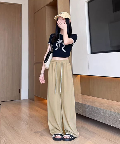 ワイドパンツ ハイウエスト レディース リラックスパンツ イージーパンツ ゆったり無地 涼しげ 体型カバー 脚長 着やせ オシャレ カジュアル 春夏 ダンス衣装 99EZFZ-012