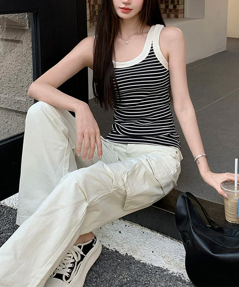 タンクトップ ボーダー レディース 夏 細見えトップス 快適 ベーシック Uネック 着やせ 大人 可愛い カジュアル おしゃれ 着回し シンプル 部屋着 99EZFZ-014