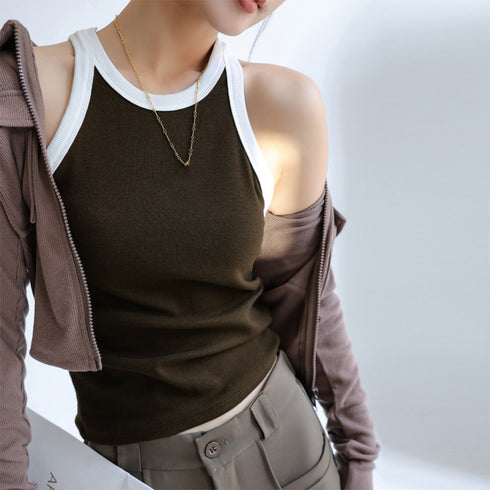 タンクトップ ロング丈 配色 ストリート レディース キャミソール 肌着 無地 フィット シンプル カジュアル おしゃれ セクシー 大人 ベーシック 夏 99FSDZ-004