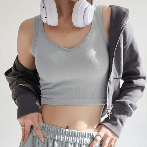 タンクトップ カップ付き バック英字ロゴ ブラトップ キャミソール 着回しやすい フィット感 細身 セクシー ショート丈 ダンス 大人 可愛い トップス 韓国 99FSFS-008