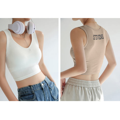 タンクトップ カップ付き バック英字ロゴ ブラトップ キャミソール 着回しやすい フィット感 細身 セクシー ショート丈 ダンス 大人 可愛い トップス 韓国 99FSFS-008