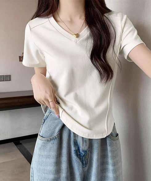 無地Tシャツ レディース Vネック 夏 フィットtシャツ 半袖トップス カットソー ベーシック 着やせ きれいめ 大人 オルチャン シンプル細見え 着回し 99FSFS-010