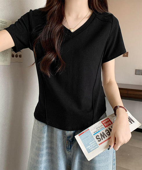 無地Tシャツ レディース Vネック 夏 フィットtシャツ 半袖トップス カットソー ベーシック 着やせ きれいめ 大人 オルチャン シンプル細見え 着回し 99FSFS-010